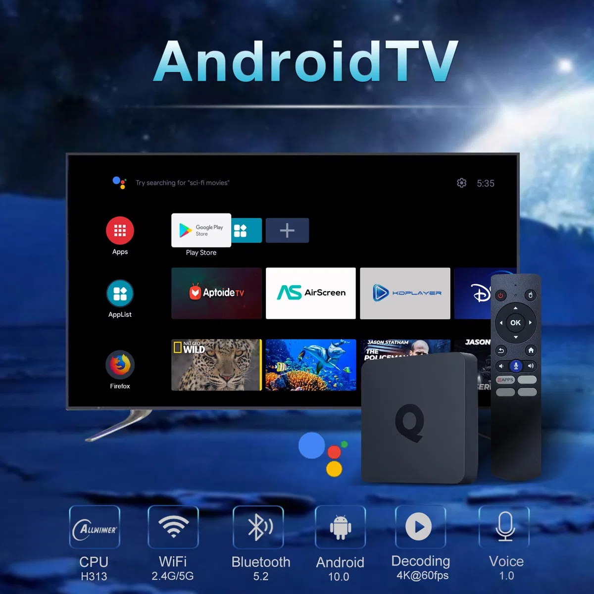Android 10.0 TV Box, TV Box Android 2GB RAM 16GB ROM H313 Quadcore Cortex-A53 support 2.4/5.0GHz Wifi BT5.2 HDR10.0 3D 4K 1080P Android BOX