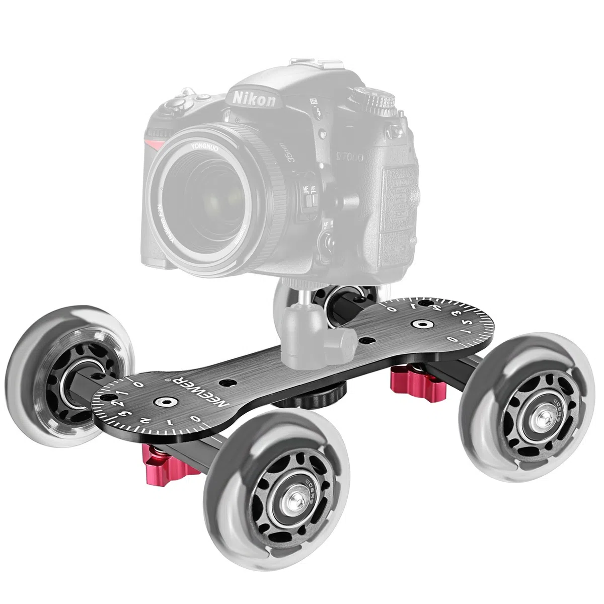 Neewer Carrello scorrevole da tavolo per fotocamera in scala con capacità di carico di 10 kg, aste in alluminio, ruote in gomma girevoli da 1/4" 3/8", filettatura a vite per videocamere DSLR (nero)