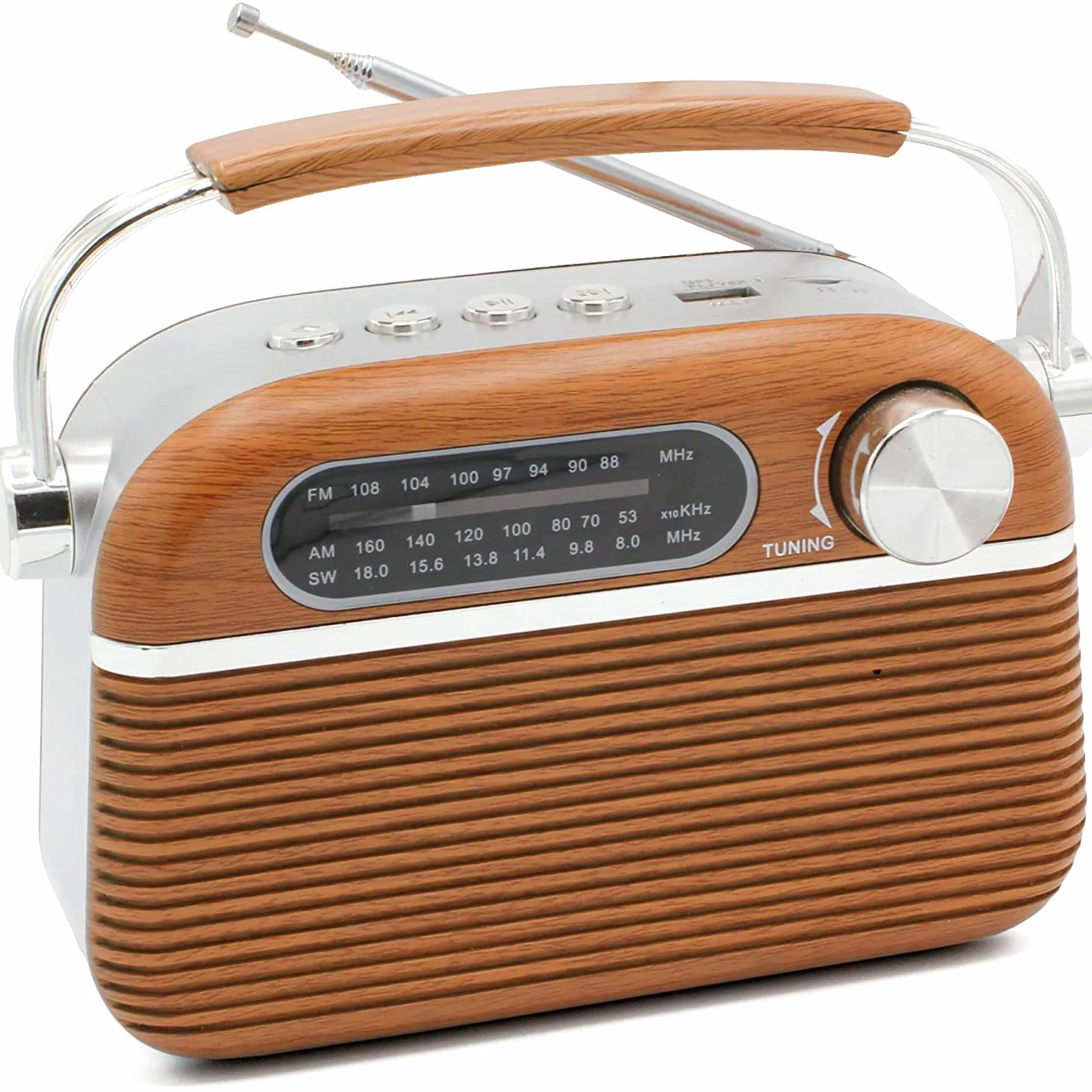 Radio Vintage Design Retrò USB / MP3 /Lettore Micro SD - Portatile - Antenna Retrattile - Radio a pile ed elettricità - 20 CM x 12 CM - Motivo legno e INOX