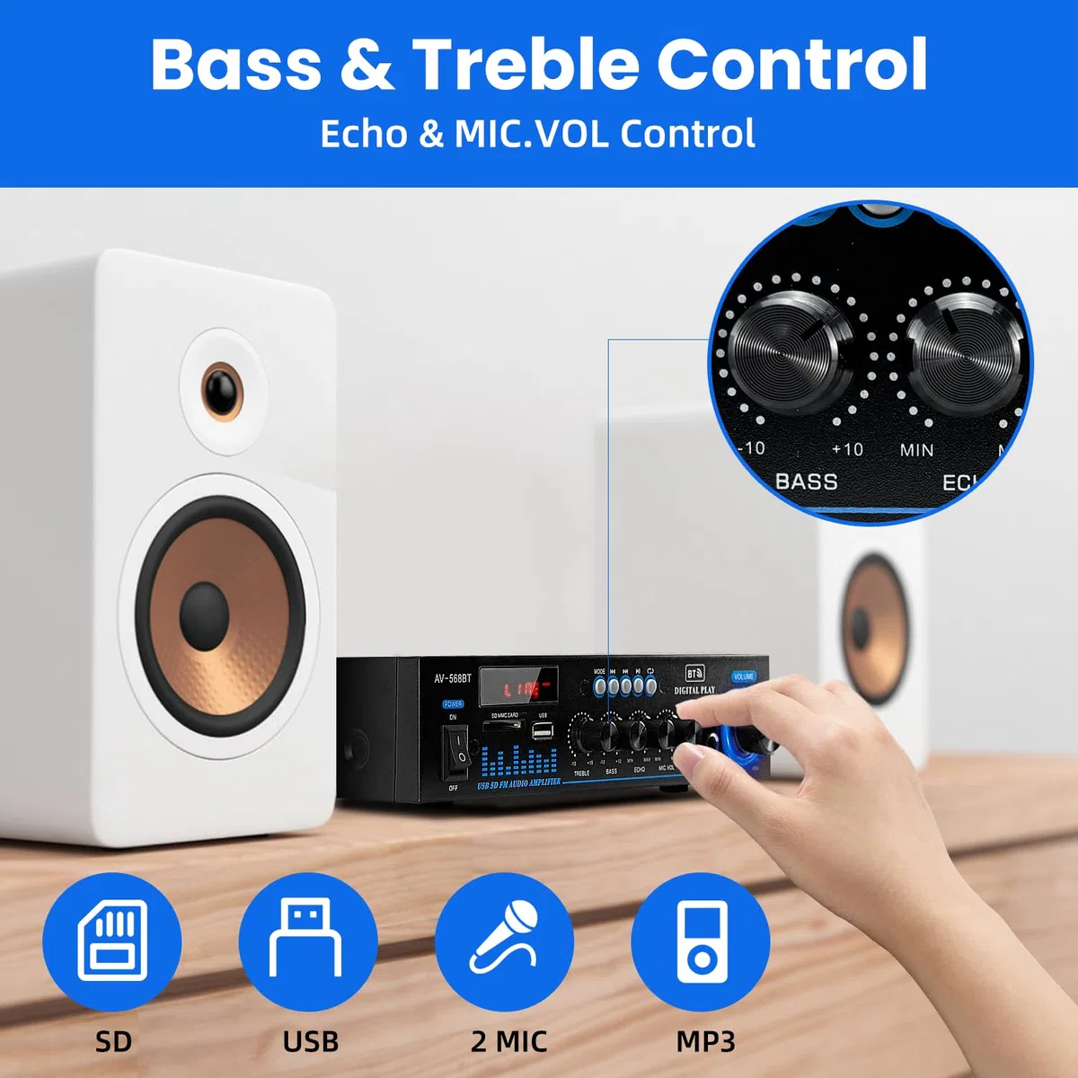 Amplificatore Bluetooth 5.0 1000W RMS 60W X2 Stereo con Telecomando e Mini Display LCD, 12V/220V, 2.0 Canali con Ingresso USB/RCA/Scheda SD per Casa, Auto Audio Speaker