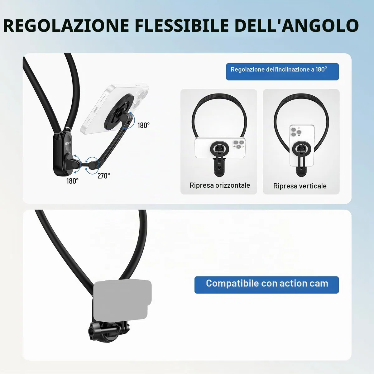 NEEWER Supporto Magnetico da Collo per Action Camera e Telefono, Treppiede da Collo Supporto da Petto Compatibile con GoPro DJI Insta360 iPhone 15 Android, Neck Phone Holder per POV Video Vlog, GP16