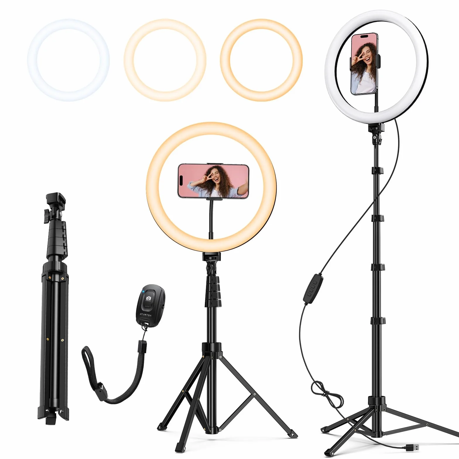 ATUMTEK Ring Light 12" con Treppiede 160 cm, 3 Modalità di Colore & 10 Livelli di Luminosità, Luce LED per Selfie, Trucco, Fotografia, YouTube, Streaming e Video