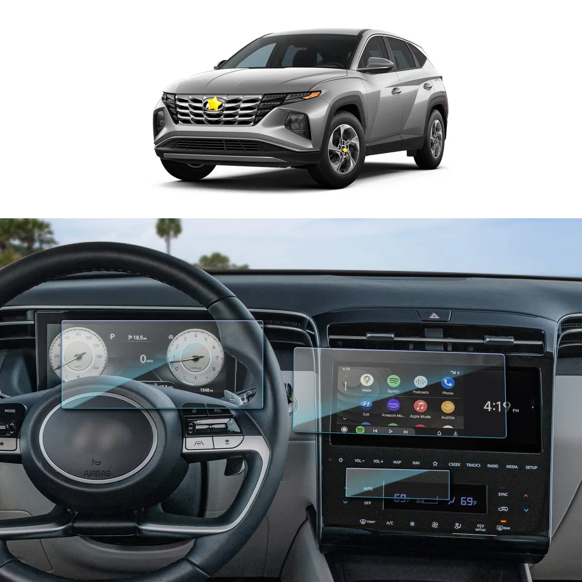SKTU Pellicola compatibile con Hyundai Tucson NX4 2021-2023 2024 10,25'' Pellicola Protettiva per Display per GPS e Cruscotto e Condizionatore d'aria, Pellicola in Vetro Temperato