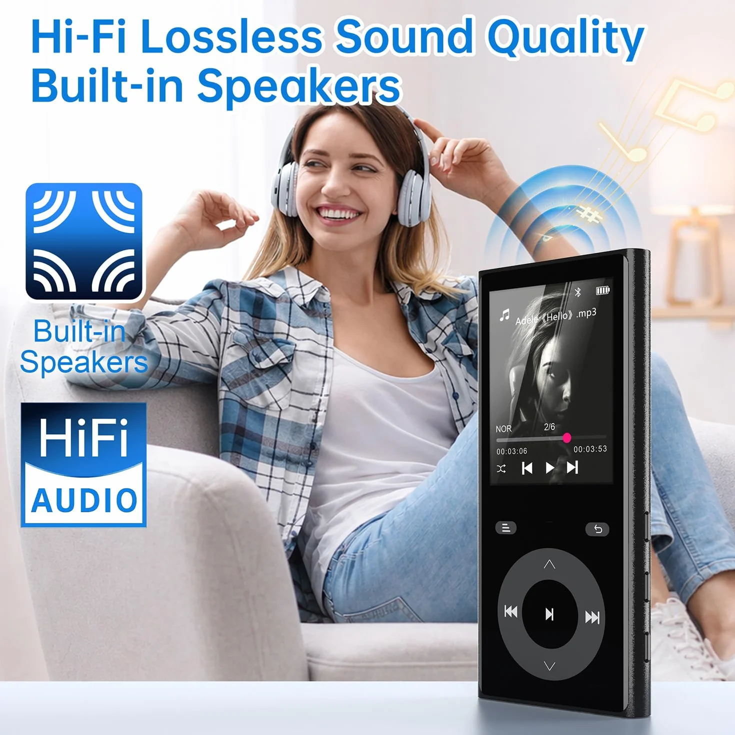 90 GB Lettore MP3 Bluetooth 5.3, MP3 Player con 2 slot per schede TF | schermo a colori da 2,4", pulsante touch, lettore MP3 con altoparlante audio HiFi, fino a 256 GB supportati