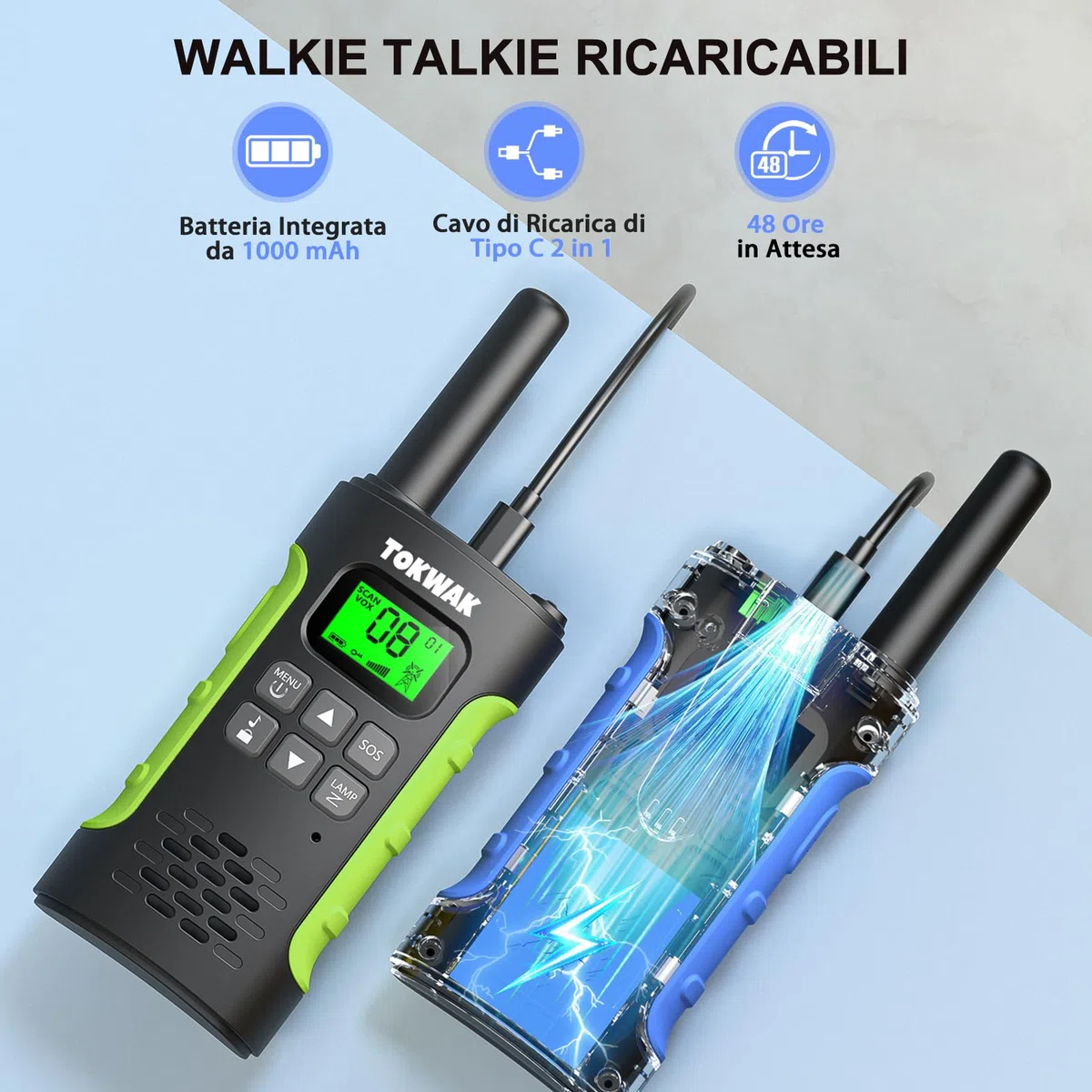 4 Pezzi Walkie Talkie Ricaricabile con Batteria, Walkie-Talkies per Bambini e Adulti, 16 Canali Lungo Raggio Walkie Talkie con Torcia Funzione VOX, Walki Talki per Campeggio Escursioni