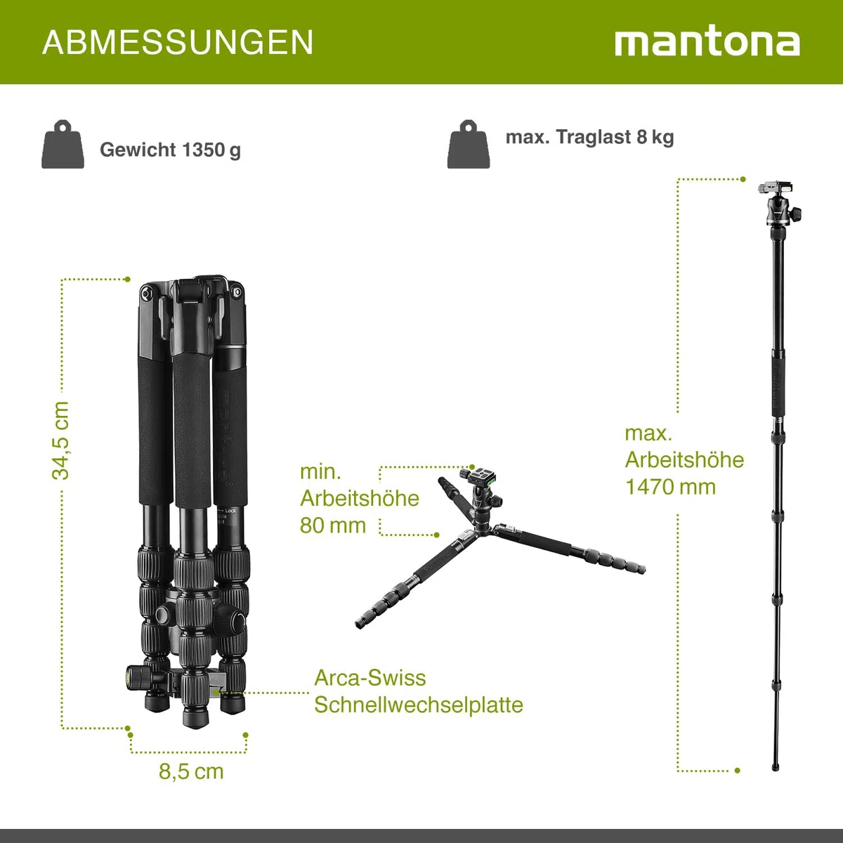 Mantona Cavalletto fotografico da viaggio DSLM Travel Evolution 2252-RA regolabile fino a 147 cm, max 8 kg, con testa a sfera, Treppiedi Stativo fotografia
