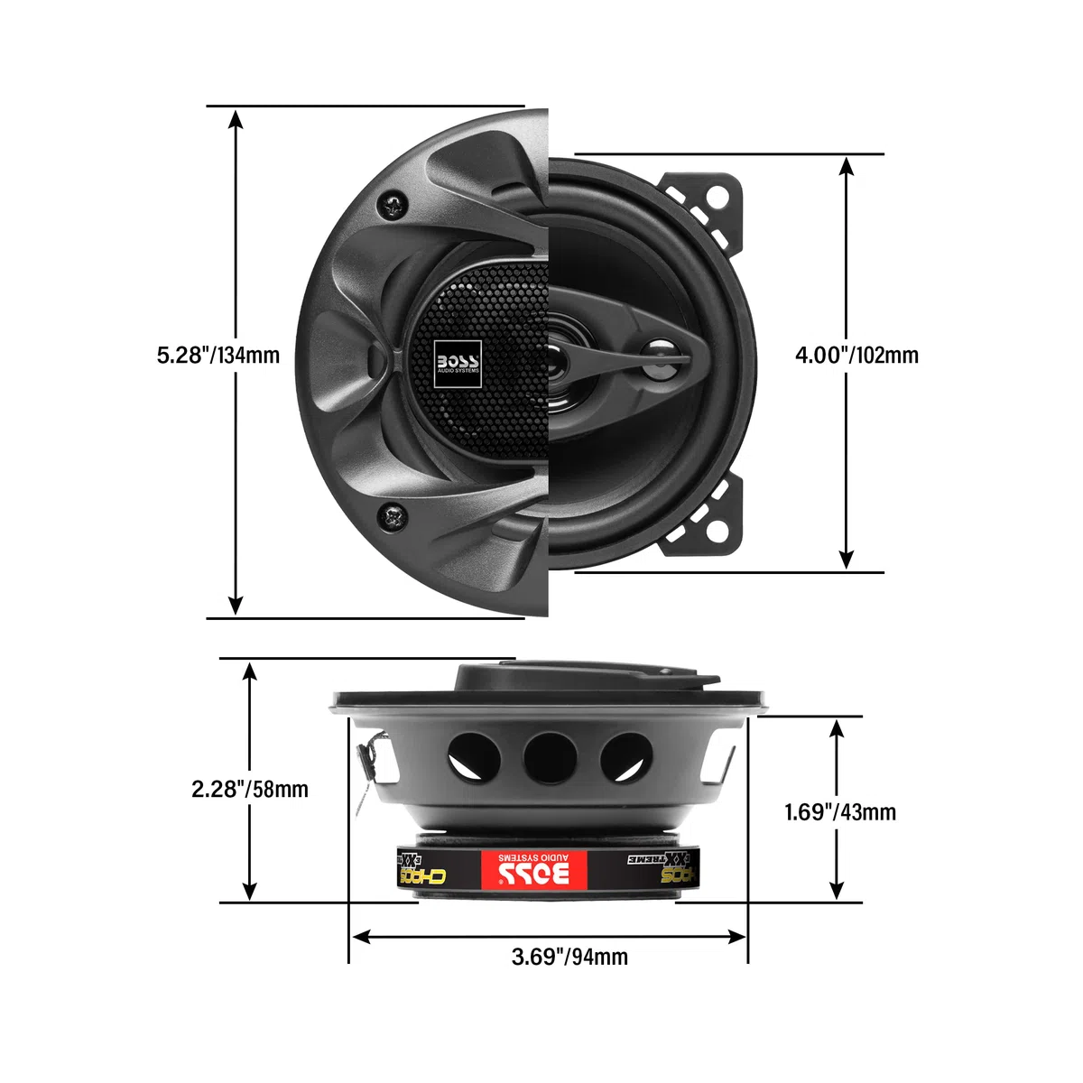 BOSS Audio Systems 2 CH4230B altoparlanti coassiali neri 3 vie da 10 cm 4" 112.5 watt rms e 225 watt max impedenza 4 ohm portiere sportelli auto, sospensione in gomma, a coppia