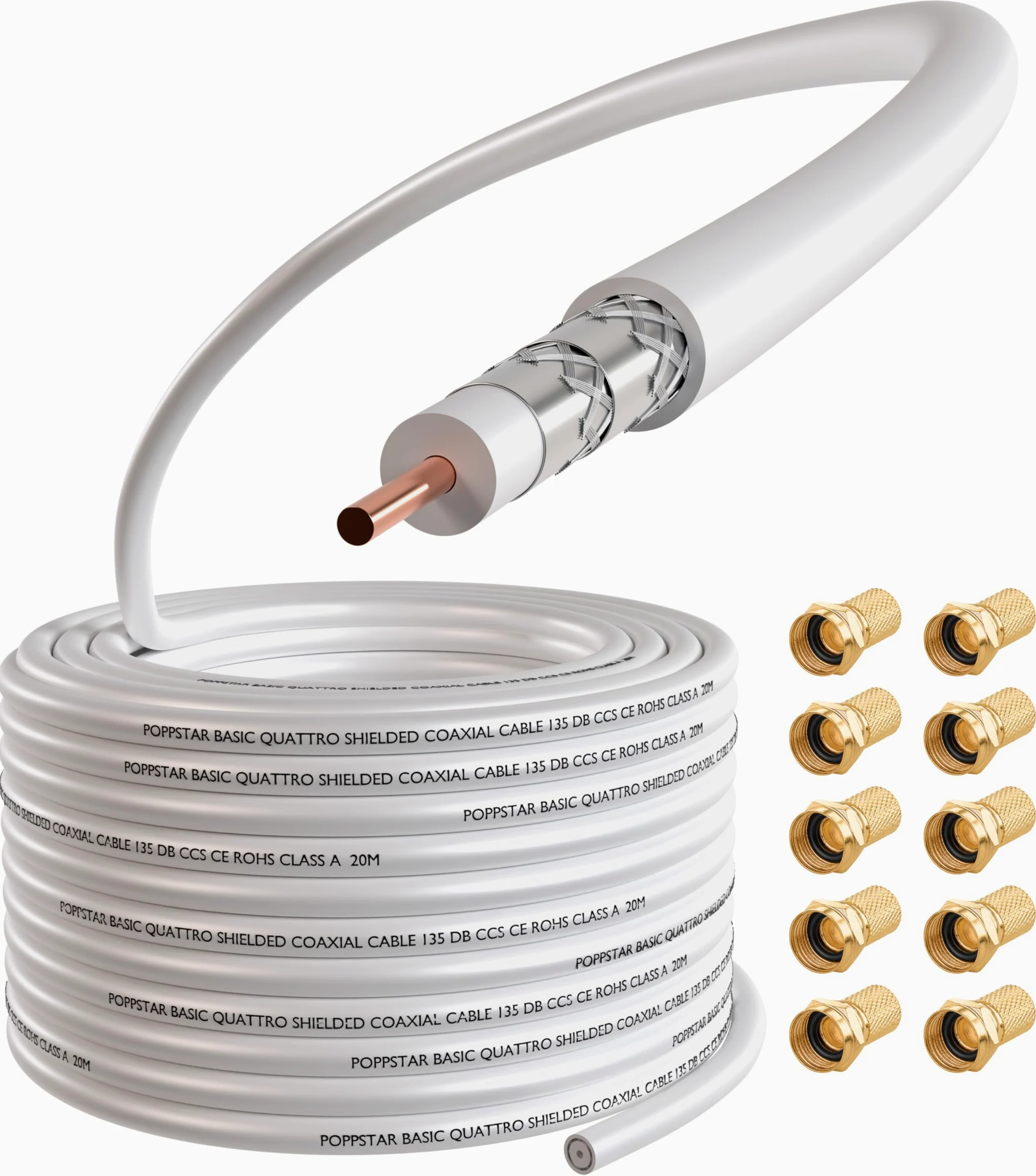 POPPSTAR Cavo coassiale da 100m (RG6, diametro 7,3 mm, guaina in PVC bianco, conduttore interno), con connettori F