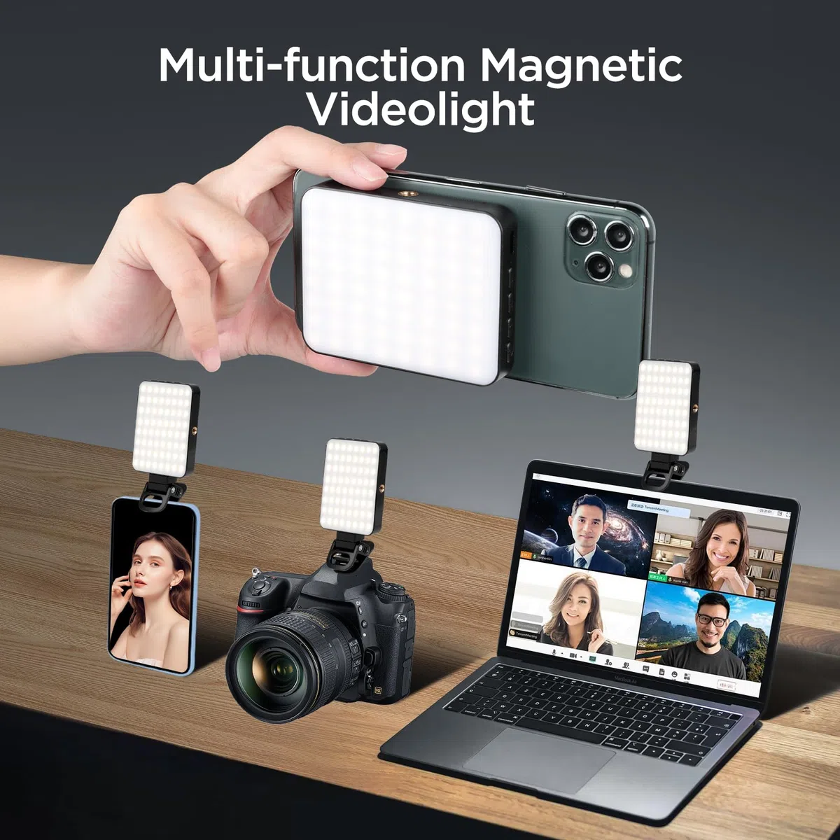 AiQInu Luce per Video 128 LED, 3 modalità di luce video, batterie integrate da 2000Mah, CRI 95+, luce selfie telefono a morsetto, luce per videoconferenza per iPhone, iPad, laptop