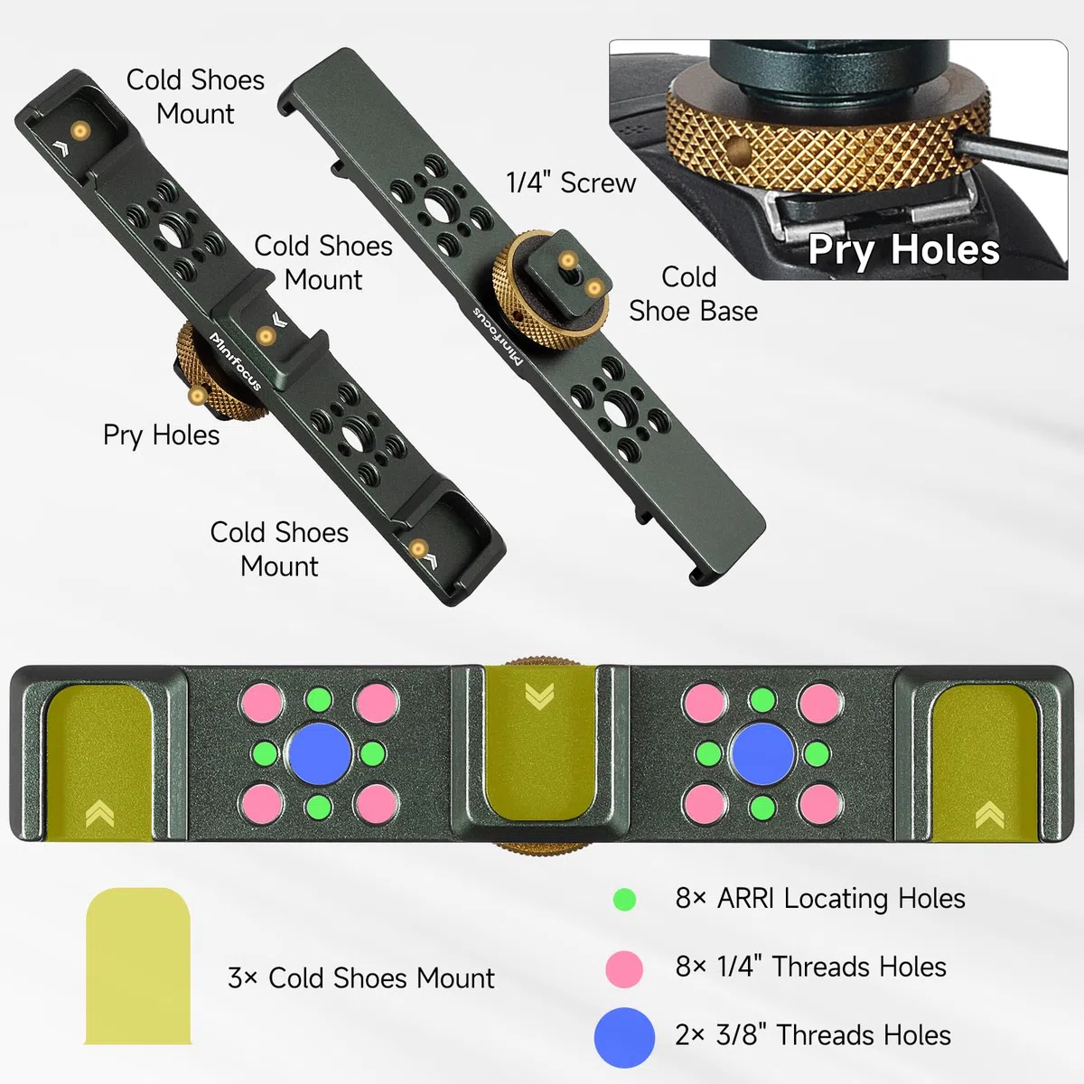 MINIFOCUS Supporto a barra di estensione per slitta fredda tripla, staffa di montaggio hot shoe in lega di alluminio con fori filettati da 6,35 mm per fotocamera DSLR, microfono, treppiede, luce video