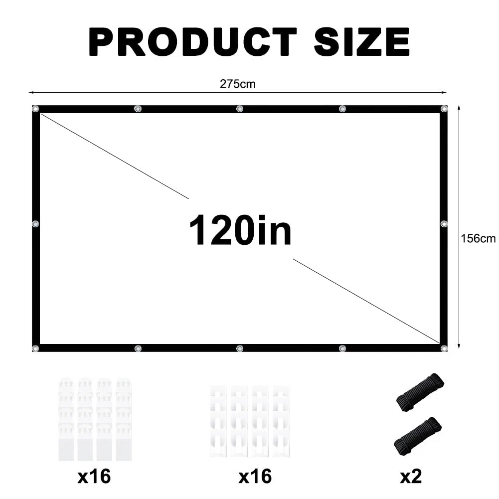 Proiettore su tela, 16:9, HD, pieghevole, per esterni, portatile, anti-pieghe, double face, 265 x 150 cm, per casa, scuola, riunioni, ufficio (120 pollici)