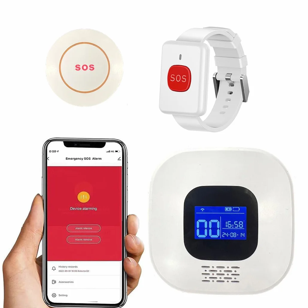 VOCA Smart WiFi Wireless SOS Pager, Pulsante di chiamata e Orologio – Pulsante di panico e Allarme di emergenza per anziani, pazienti e disabili | WiFi 2.4G | Include ricevitore, pulsante di chiamata