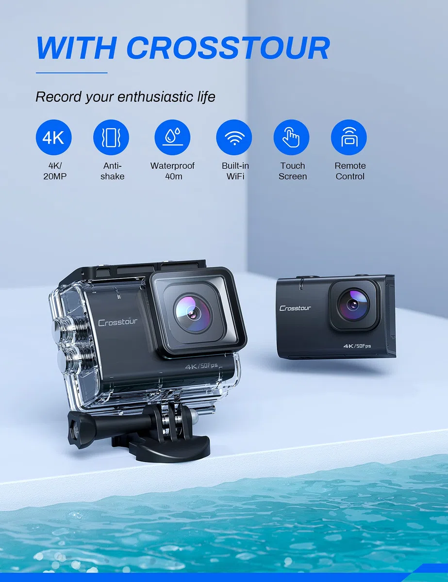 Action Cam 4K 30 FPS, 40 m, telecamera subacquea impermeabile WiFi CT9500 EIS 2 batterie da 1350 mAh e caricabatterie