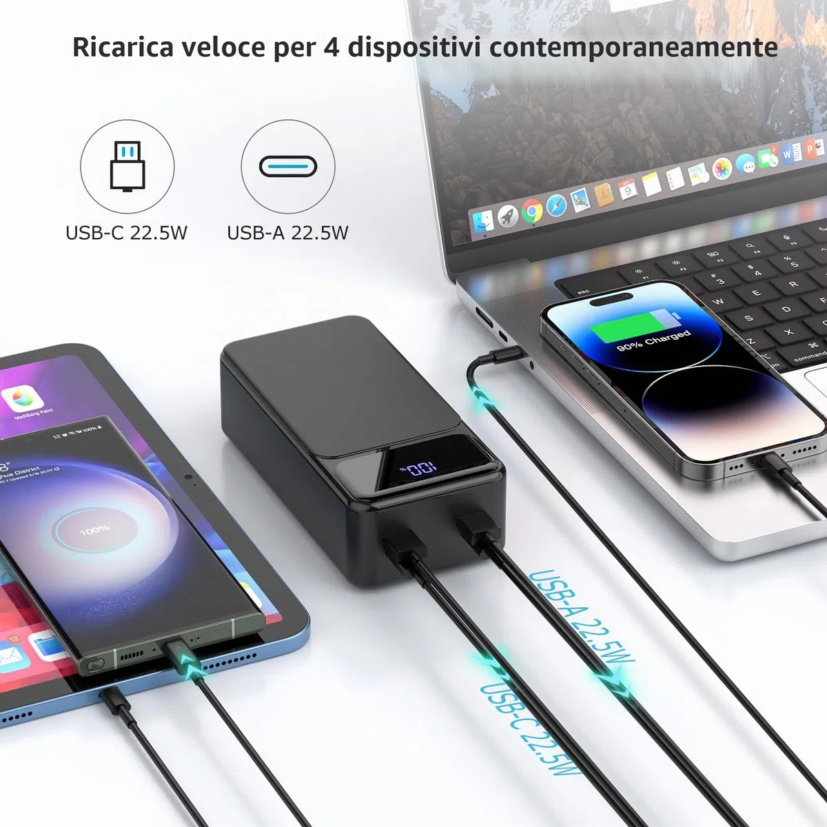 Powerbank 50000 mAh 22,5 W Ricarica Rapida Power Bank Portatile USB-C con 4 Uscite & 2 Ingressi Display LED Grande Capacità Batteria Esterna per iPhone, Samsung, iPad ecc.