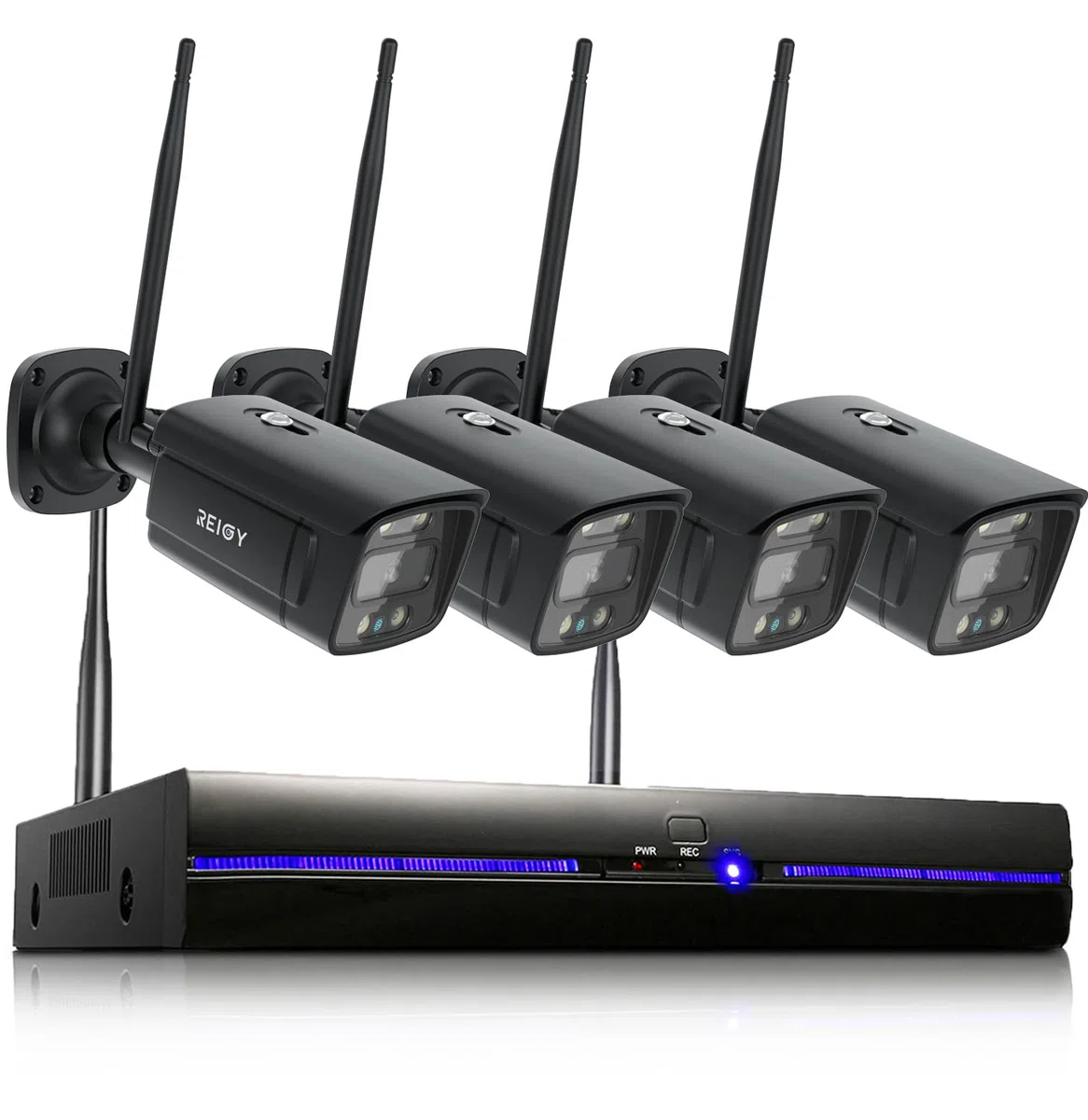 REIGY Sistema di telecamere CCTV WiFi da 3MP con proiettore, set di telecamere di sicurezza per esterni 8CH NVR + 4x telecamere 1296P con audio bidirezionale, visualizzazione remota, visione notturna