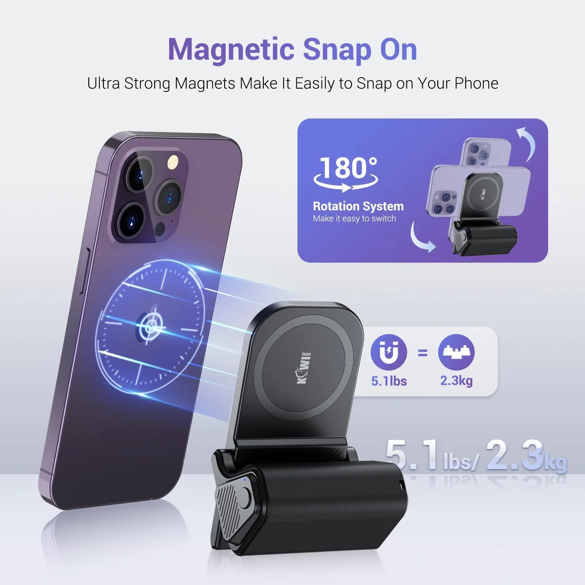 Kiwifotos per iPhone Magsafe Supporto per Fotocamera con Manico Magnetico e Telecomando Bluetooth per iPhone 17 16 15 14 Pro Max Samsung S26 S25 Smartphone Vlog Ripresa Video (Treppiede NON Incluso)