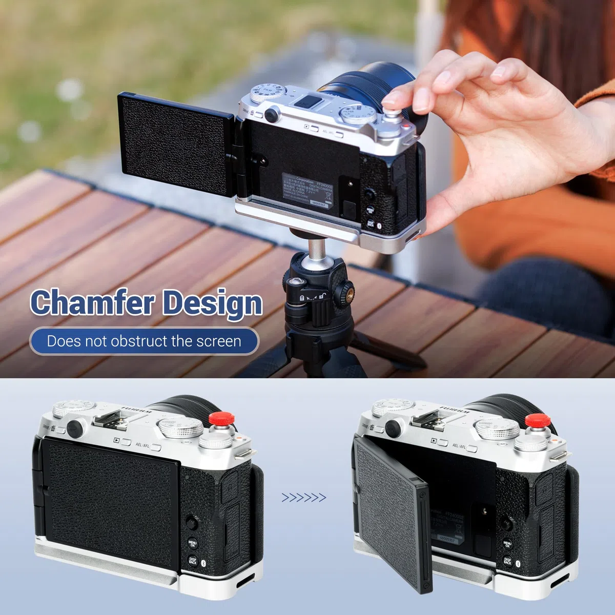 JJC XM5 - Impugnatura in Metallo per Fotocamera Fujifilm Fuji X-M5, Piastra di Supporto a Sgancio Rapido Arca Swiss, con Staffa a L in Silicone Antiscivolo, Impugnatura Migliorata, Argento
