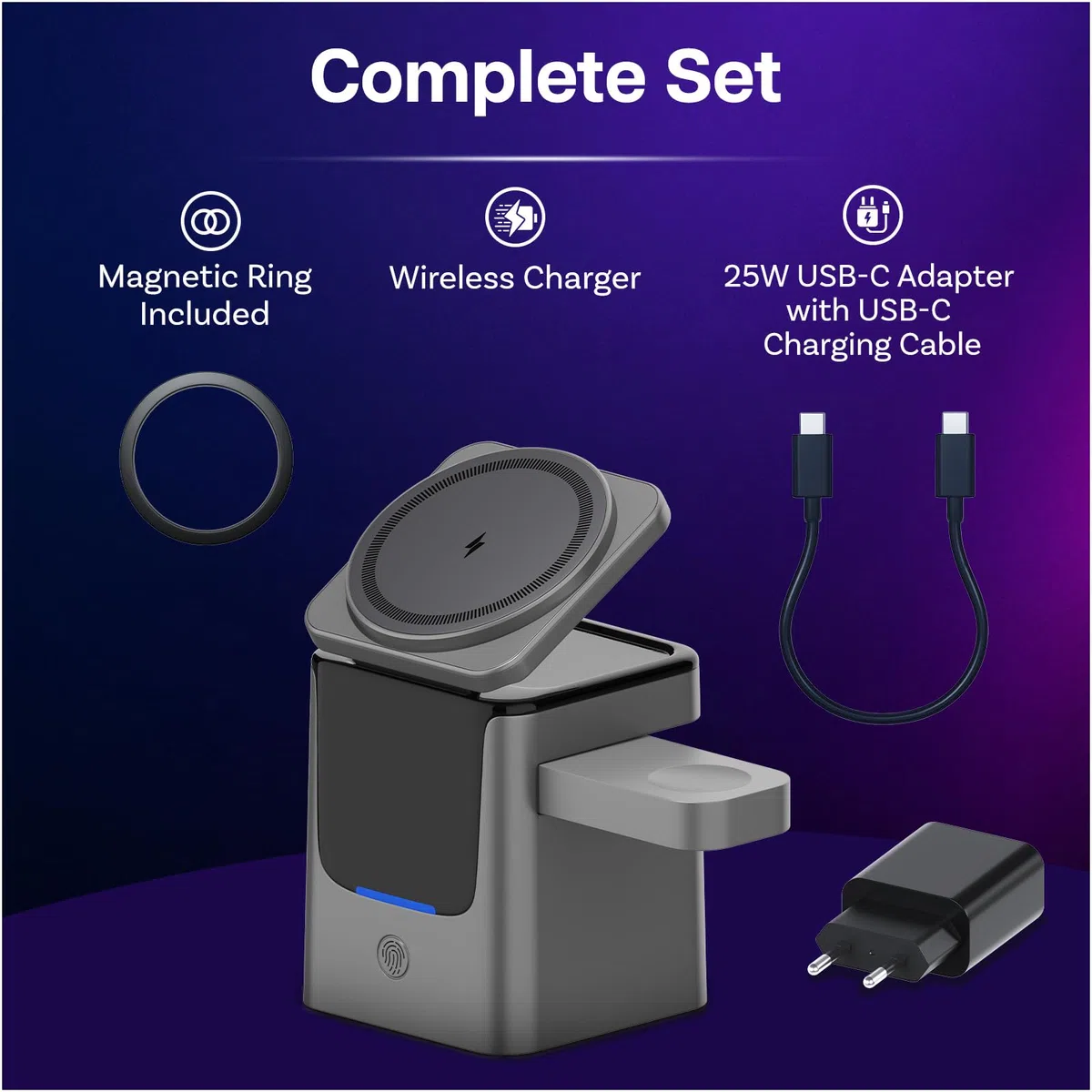 Caricatore Wireless per Samsung da MMOBIEL - 3 in 1 Stazione di Ricarcica 15W per MagSafe Samsung Galaxy S26/S25/S24/S23 Serie, Galaxy Watch 8/7/6, Galaxy Buds - Adattatore da 25W & Anello Magnetico