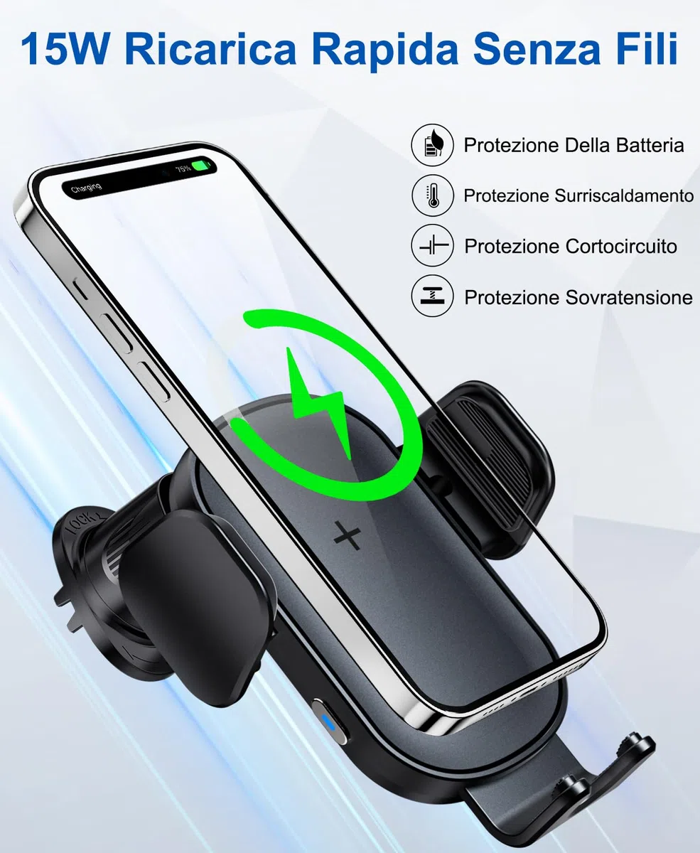 Beeasy Caricatore Wireless Auto Qi 15W- Ricarica Wireless Auto Rapida, Bracci di Auto-Bloccaggio, Supporto Telefono Auto Cruscotto per iPhone Samsung Huawei LG Ecc