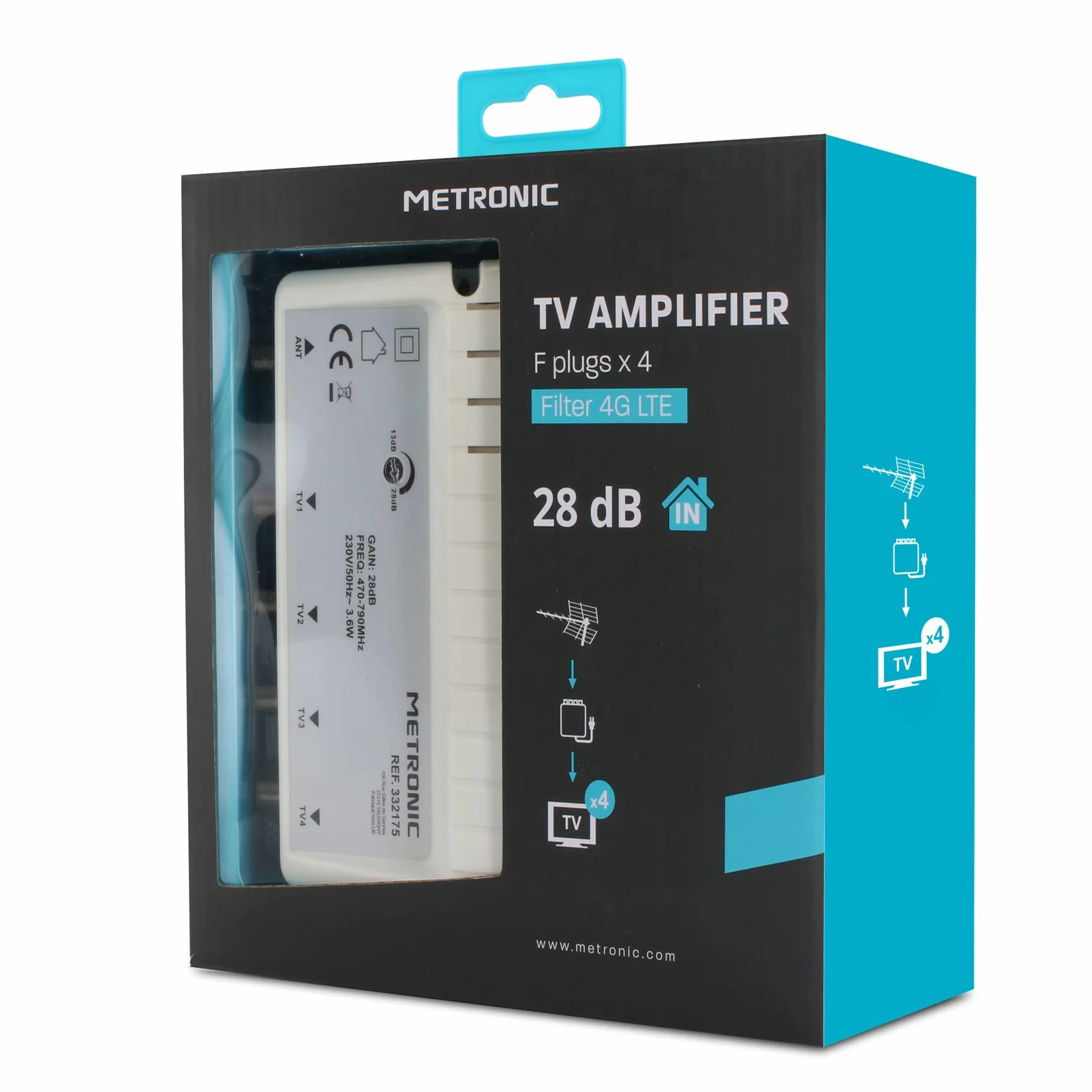 METRONIC 332175 Amplificatore splitter Antenna TV Digitale Terrestre Interno – Potenziatore di Segnale con Alimentatore, 26 dB, regolazione guadagno/4 uscite spina F – Blanco