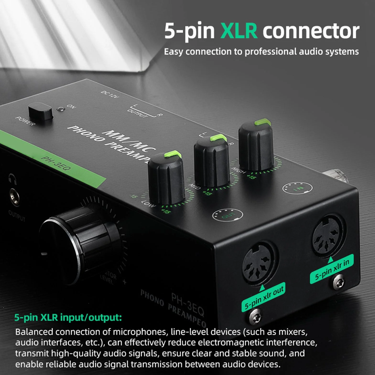 Asixxsix Preamplificatore Phono Mm/mc, Output di Ingresso XLR a 5 Pin Preamplificatore Phono Stereo Professionale per il Giradischi Stereo, Output per Cuffie da 3,5 Mm (eu)