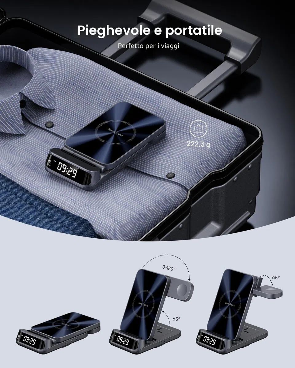 SwanScout Caricatore Wireless per iPhone, Stazione di Ricarica 3 in 1 per iPhone 17/Air/16/15/14/13/12, Base Ricarica per Apple Watch Ultra 3/11/10/9/8, per AirPods, SwanScout 708A (Senza Adattatore)