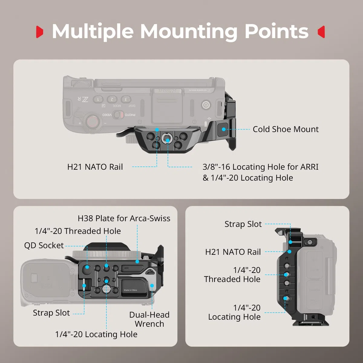 SMALLRIG Mezza gabbia per Nikon ZR, guida NATO a sgancio rapido HawkLock integrata, fori filettati da 1/4"-20, piastra QR per Arca, per DJI RS 4 / RS 4 Pro/RS 3 Pro cardanici, per treppiedi, 5905