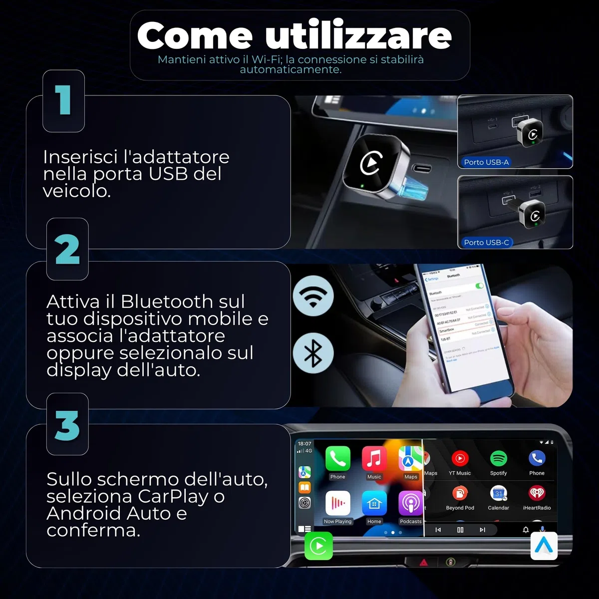 Adattatore Carplay Wireless 2 in 1 Mini 2026, Android Auto Wireless con USB Plug & Play, Riconnessione Rapida ~3 s, USB-A/USB-C e Dongle Rigido per Porte Difficili