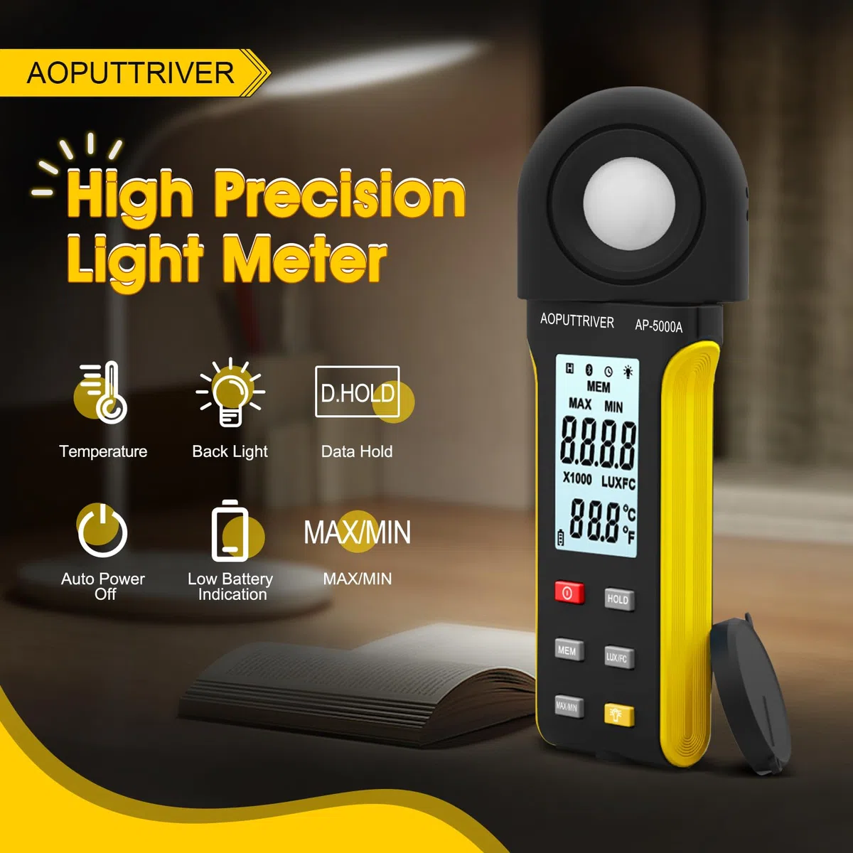 Luxmetro professionale, Esposimetro, Misuratore lumen, Misuratore di Temperatura Ambiente con Portata Fino a 400.000 Lux con Display LCD, Rilevatore Rotante a 270 Gradi - AP-5000A