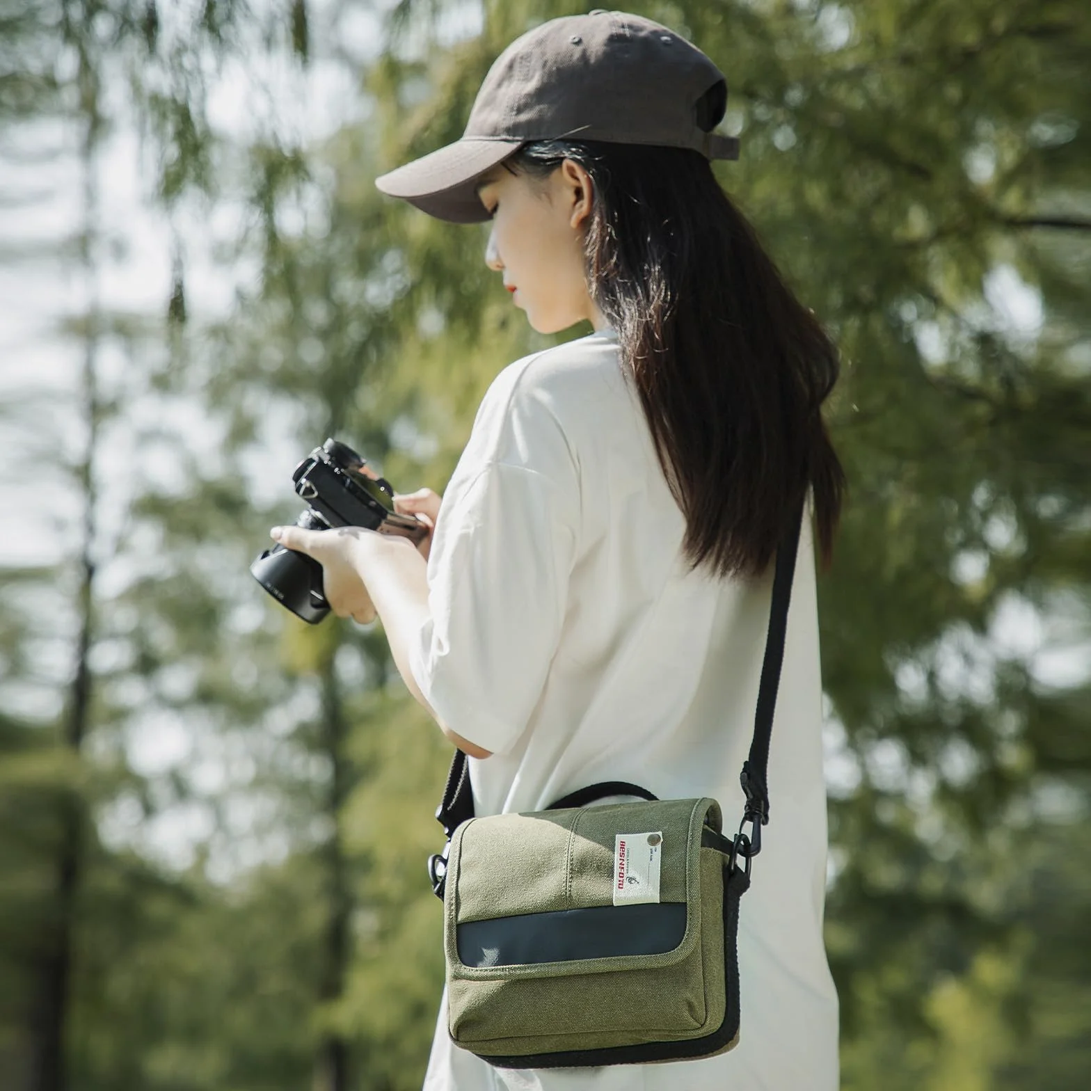 Besnfoto Borsa a tracolla senza specchio per fotocamera Canon, Verde militare, piccola