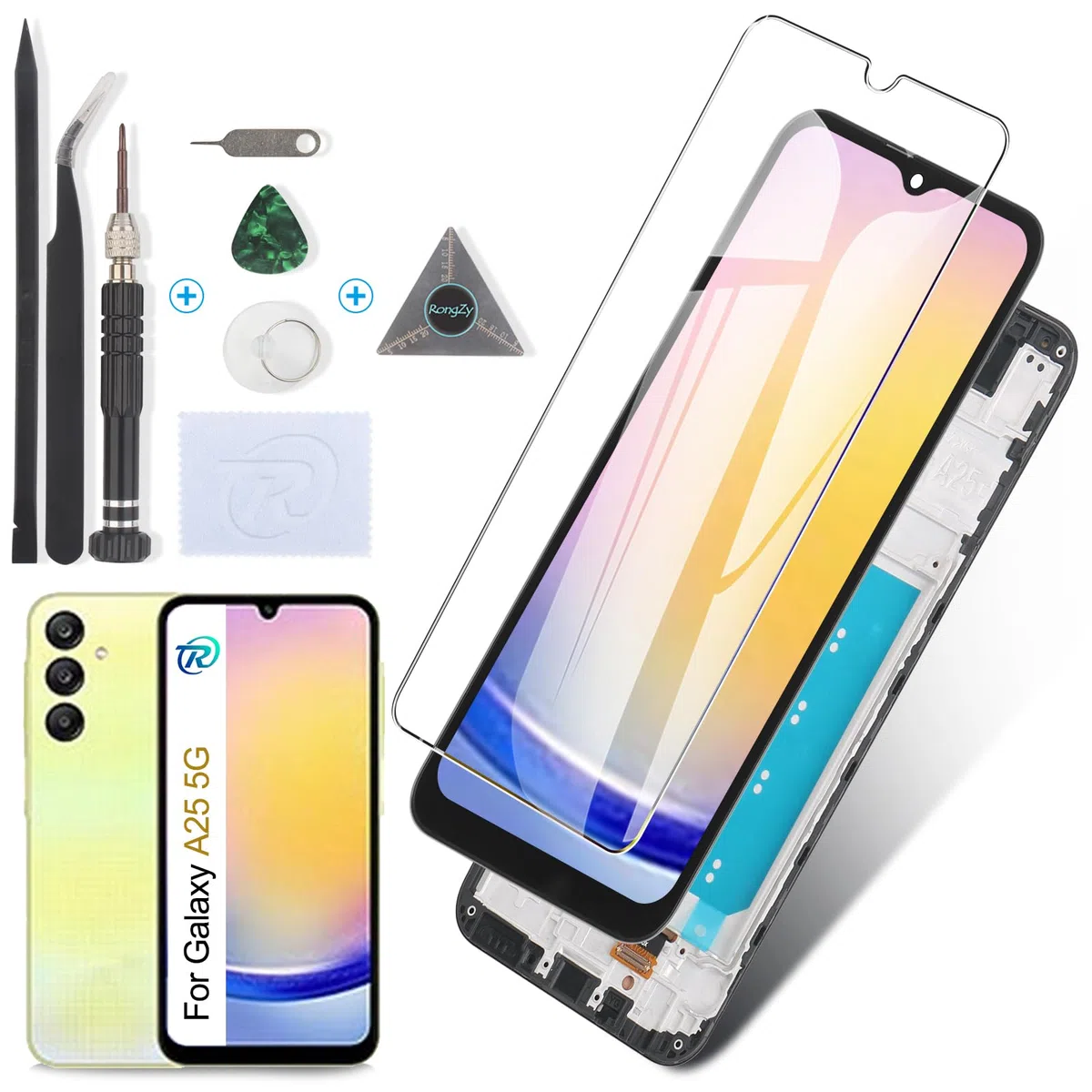 RongZy LCD Schermo per Samsung Galaxy A25 5G Display di Ricambio Touch Screen Digitizer Parti di Riparazione per Samsung Galaxy A25 5G A256B LCD Display con Strumenti(Nero con Cornice, 6.5")