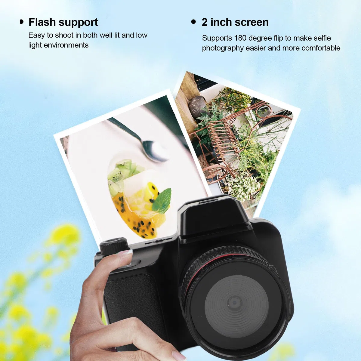 Fotocamera Reflex, Fotocamera 1080P Mini Fotocamera Reflex Digitale con Schermo Flip da 2,0 Pollici, Video Zoom Digitale 4X per Bambini Adulti Principianti