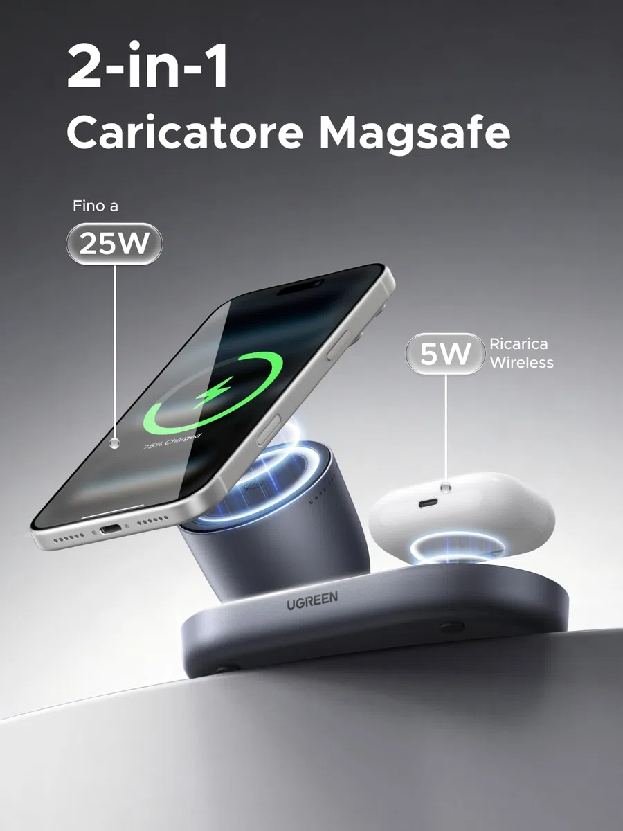 UGREEN Zapix Caricatore Wireless iPhone, Qi2 25W Ricarica Ultra Rapida, 2 in 1 Base Ricarica Magnetico Compatibile con Magsafe iPhone 17 16 15 14 13 12 Pro Max Air Plus AirPods (Nero)