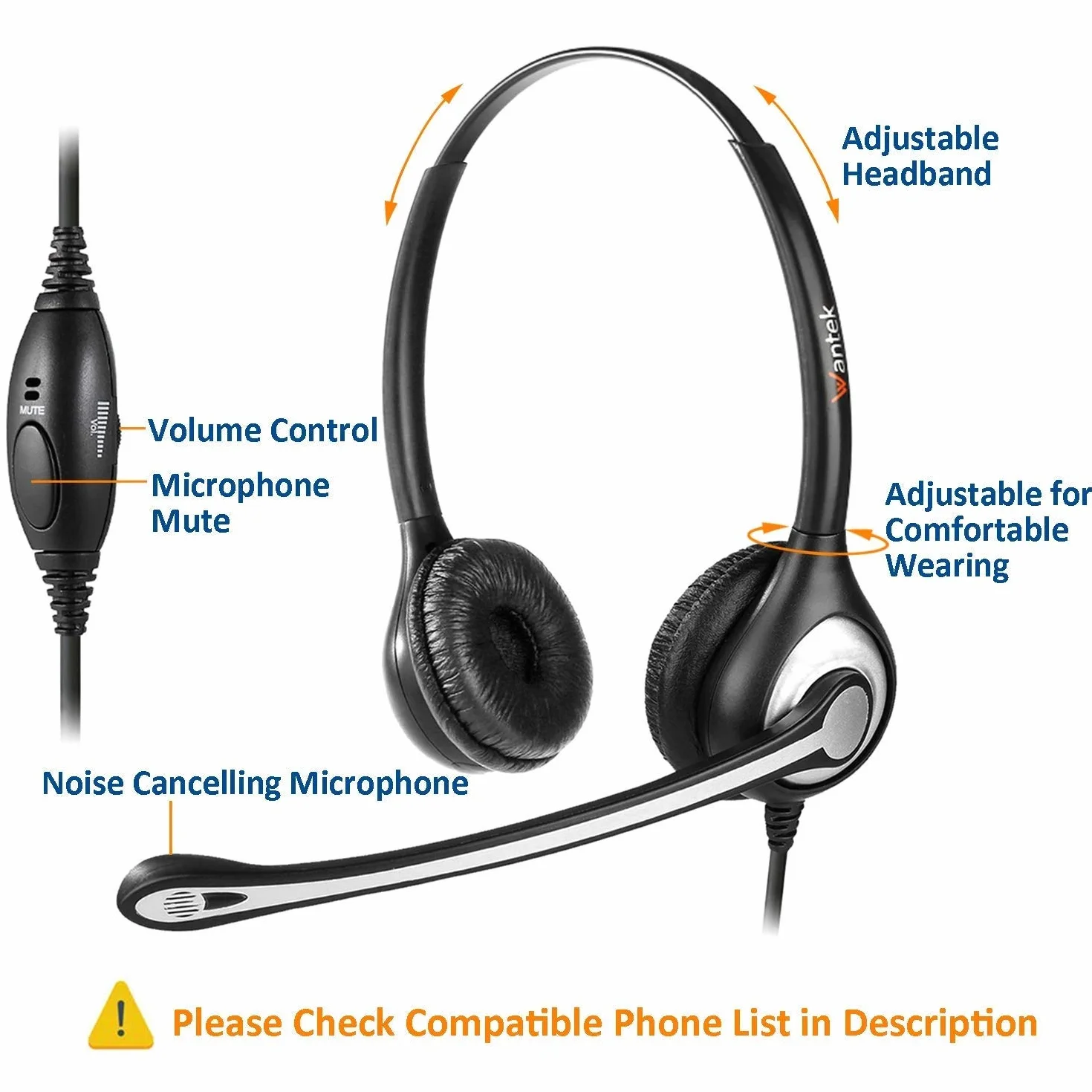 Wantek Cuffie Telefono Fisso RJ9 Binaurale con Microfono Cancellazione del Rumore e Quick Disconnect, Auricolare Ufficio per Cisco 7942 7971 o Plantronics M10 M12 Amplificatore(602QC1)