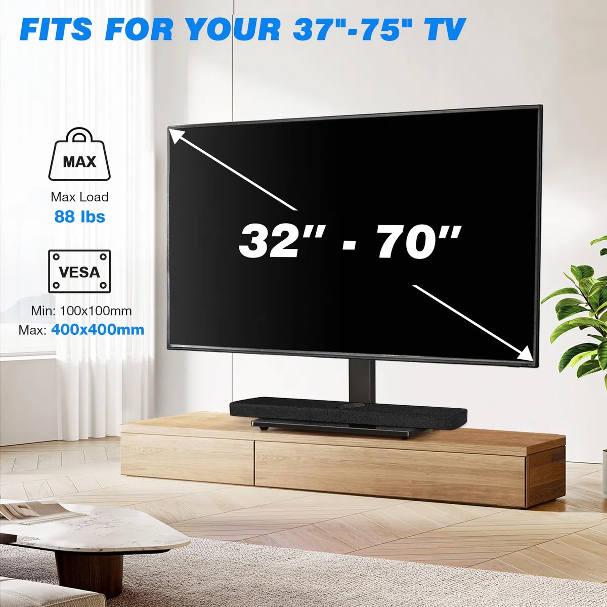 Supporto TV da Tavolo 5Rcom per TV 32-70 Pollici, Portata 40KG, Base in Vetro Temperato Regolabile in Altezza, Supporto Universale per Soggiorno/Camera, VESA Max 400x400mm