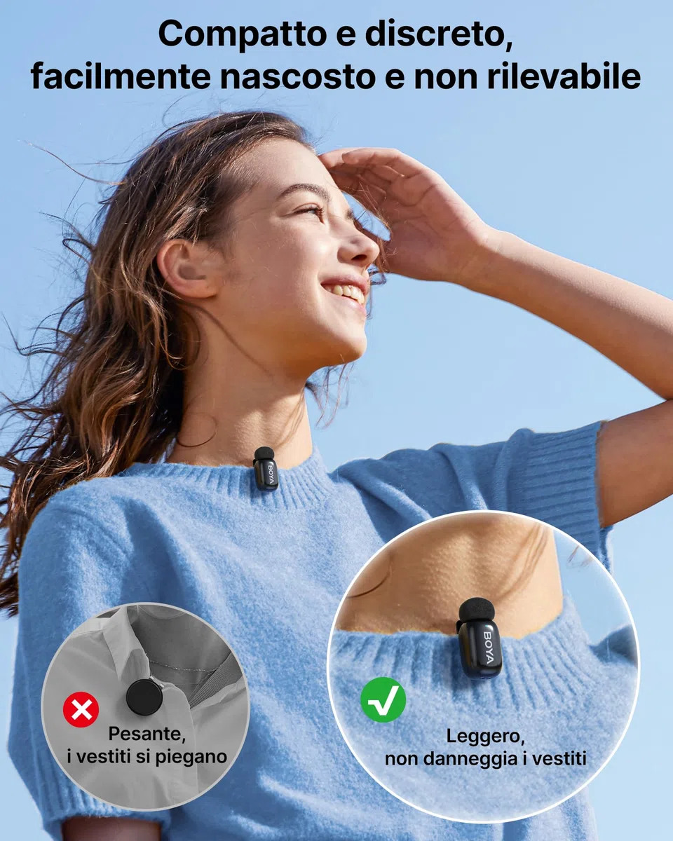 BOYA Mini Microfono Wireless per iPhone15/16 Android, Microfono Lavalier USB-C Ultraleggero 5g, Riduzione del Rumore, Mic Mini, 30h Utilizzo, Microfoni Wireless Professionali Type C