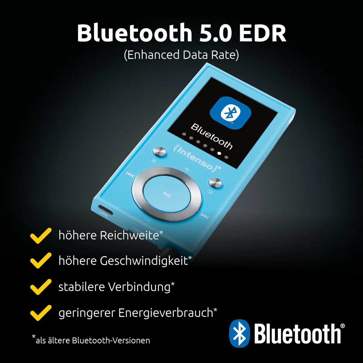 Intenso Lettore video BT MP3 con Bluetooth 5.0, display a colori da 1,8 pollici, microSD, USB C, fino a 18 ore, con cuffie, blu