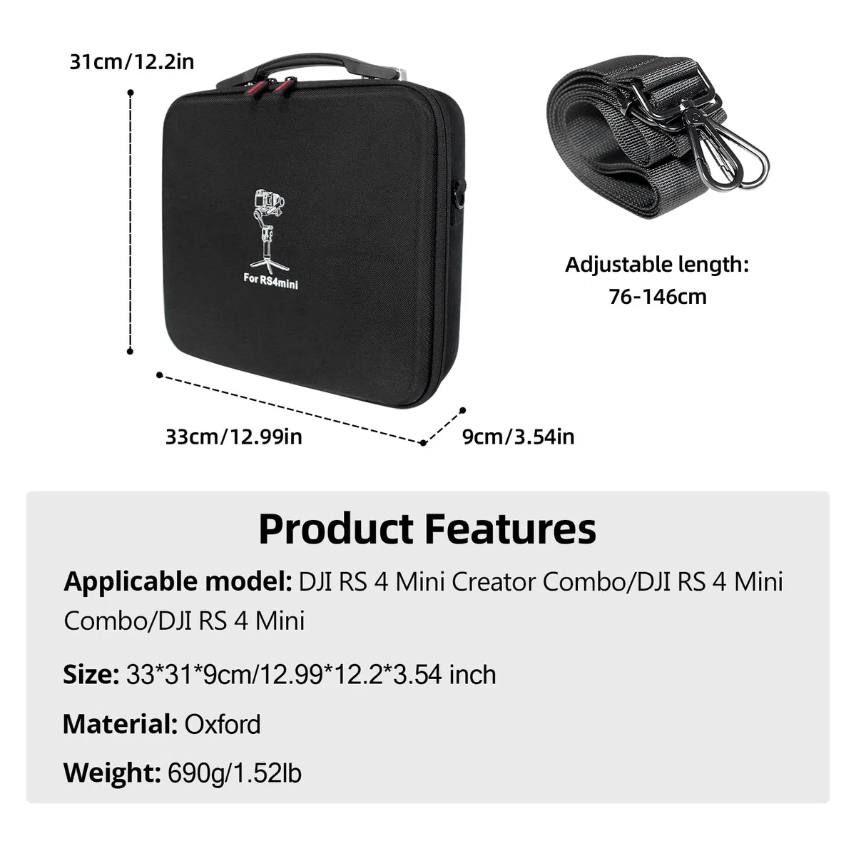 Custodia per DJI RS 4 Mini, Custodia portatile impermeabile per DJI RS 4 Mini Creator Combo con cintura per la spalla（Nero）