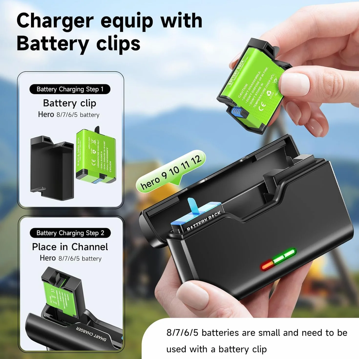 2 batterie per Hero 8/7/6/5 Black e caricatore per Hero 12/11/10/9/8/7/6/5 Black – Caricabatterie con accessori per batteria, ricarica Chnell, bassa temperatura adatta