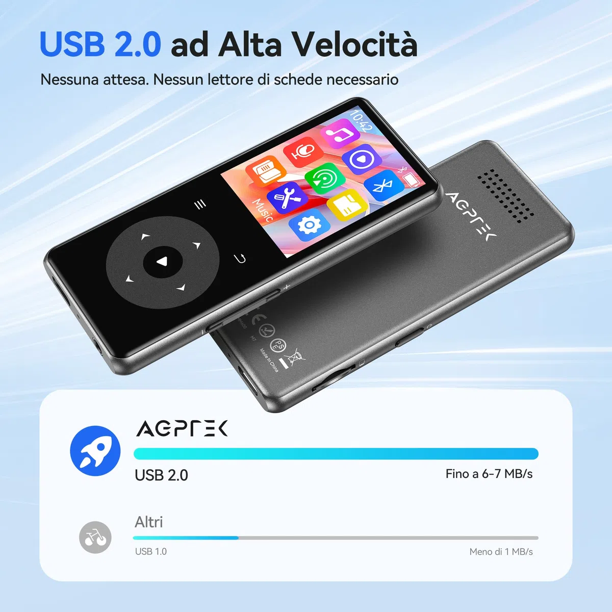 AGPTEK Nuovo MP3 Bluetooth 5.4, Senza Memoria, 1,8'' Lettore in Metallo con Tasti Tattili Retroilluminati, Suono HiFi con Altoparlante Radio, Portatile fino a 128GB (0GB)