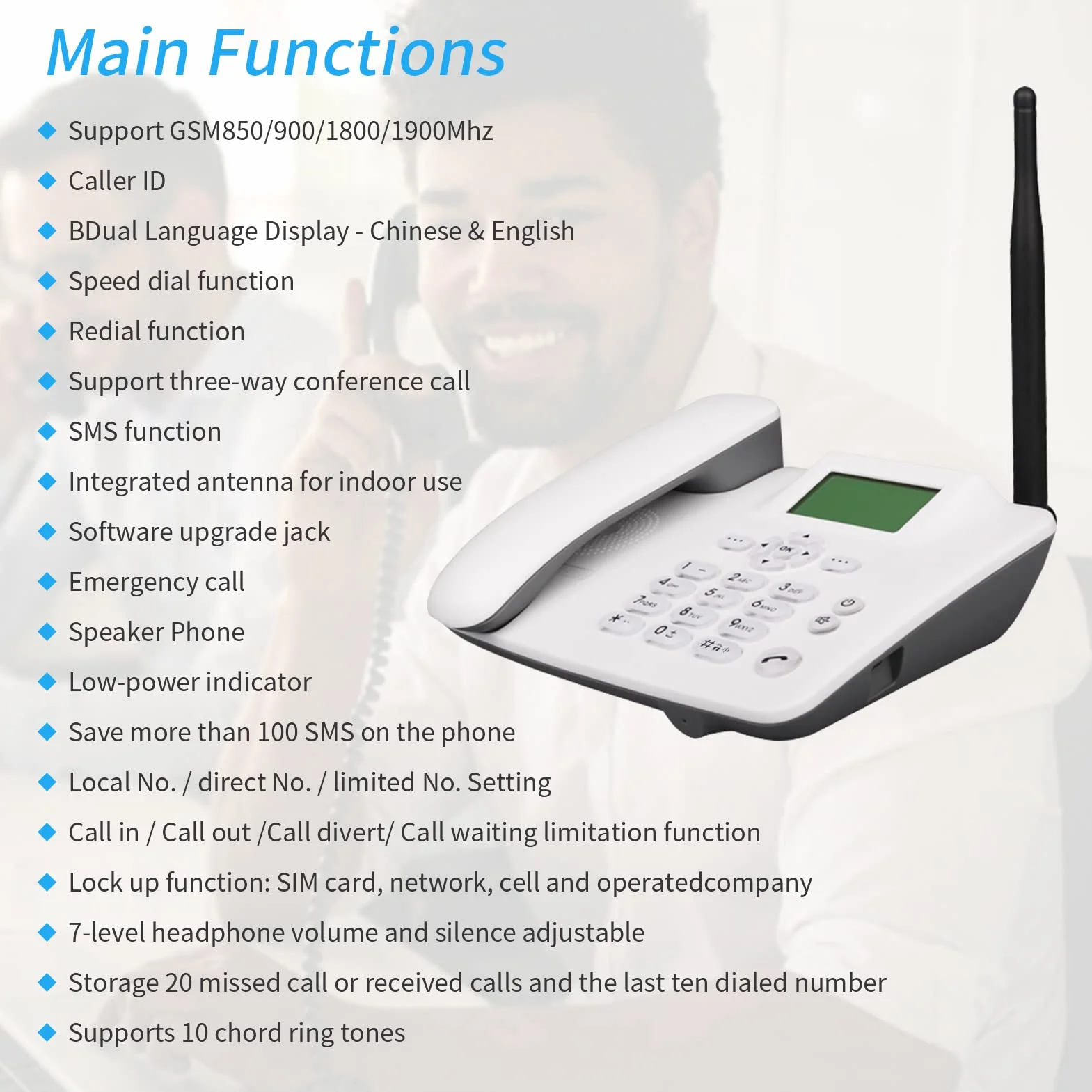 Telefono con scheda Sim gsm,Telefono senza fili fisso per telefono da scrivania 2 g supporto gsm 850/900/1800/1900 MHz Telefono con radio orologio funzione SMS per la casa Call Center