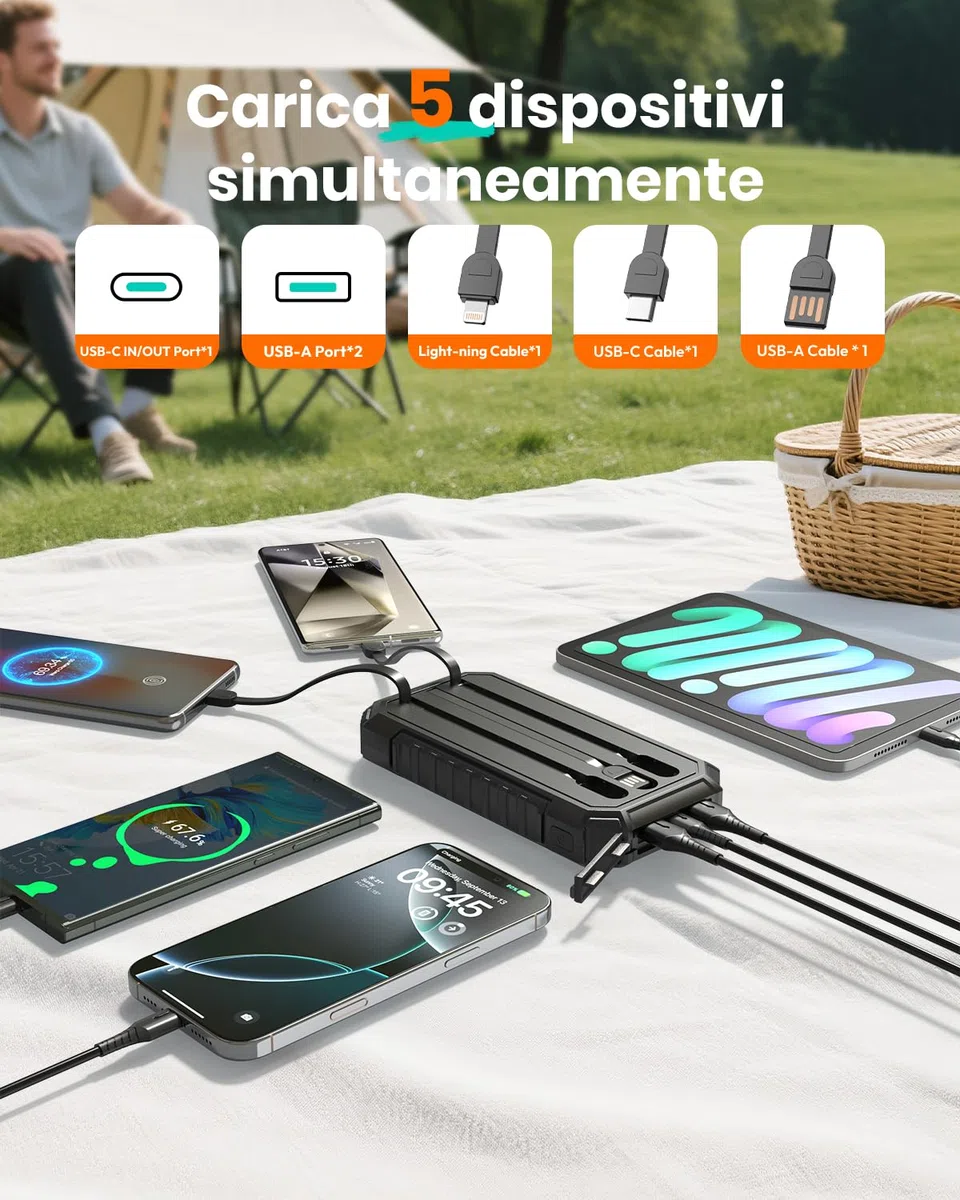 Power Bank Solar 20000mAh - 15W Caricatore Rapido Portatile 3 Cavi Integrati con Torcia LED - 5 Uscite, Caricatore Solare Cellulare per iPhone 17/16/15/14/13 e Android