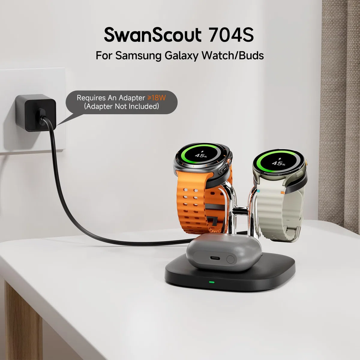 SwanScout 704S Dual Caricabatterie Wireless per Samsung Watch, Ricarica Wireless per Galaxy Watch 8/8 Classic/Ultra/7/6/6 Classic/5 Pro/5/4 Classic/3, Galaxy Buds 3 Pro/3/2 Pro/Buds+