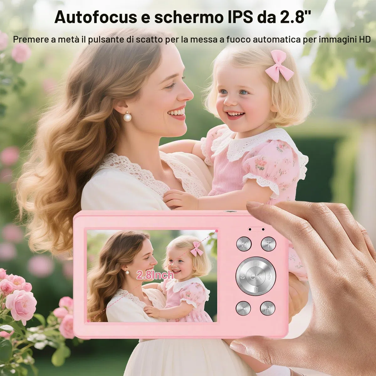 Fotocamera Digitale 56MP 1080P FHD con Autofocus16X Zoom Digitale, Fotocamera Compatta Portatile con Schermo LCD 2,8", Scheda SD 32GB 2 Batterie Perfetta per Adolescenti, Principianti (Rosa)