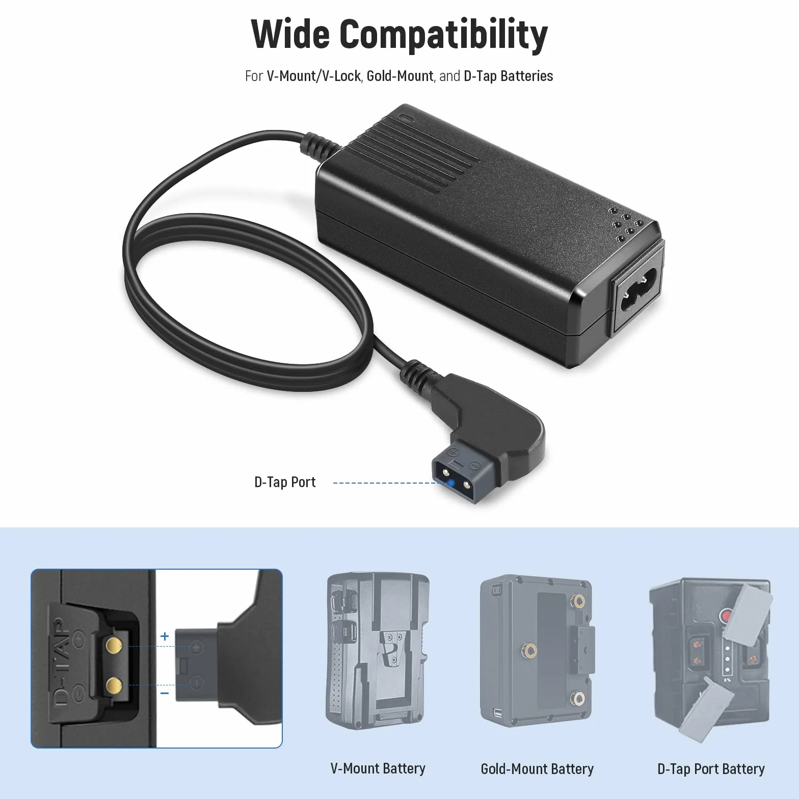 NEEWER Caricabatterie D-Tap con Cavo D-Tap da 1m per Batteria V-Mount/V-Lock/Gold Mount, Compatibile con NEEWER BP-95W BP-190WS BP-150WS BP-V47 BP-V95 Sony BP-U65 BP-U68 ecc.[Uscita: 16,8V 2A]