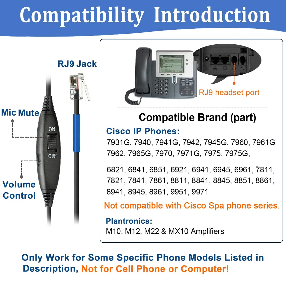 Cuffie Telefono Fisso RJ9 con Microfono a Cancellazione del Rumore, Auricolare Telefonica per Cisco 7821 7975G 7861 7941G 8845 8851 6851 9971, Plantronics M12 M22 Amplificatore, Call Center Ufficio