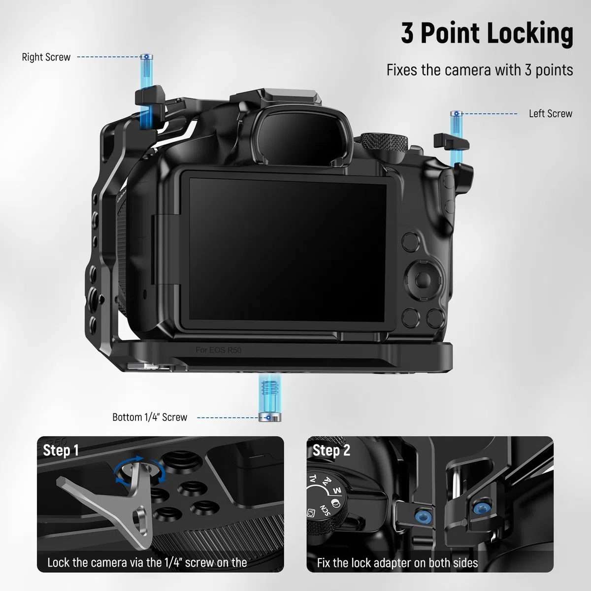 NEEWER R50 Gabbia per Fotocamera Compatibile con Canon EOS R50, Video Rig in Alluminio con Guida NATO, Filettatura 1/4", Fori ARRI 3/8", Slitta Fredda, Compatibile con DJI Gimbal Tipo Arca QR, CA031
