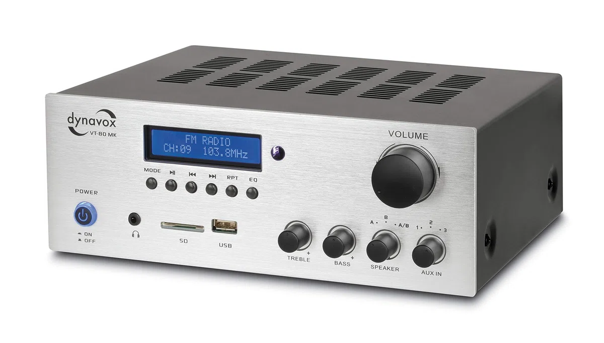 Dynavox VT-80 MK amplificatore stereo compatto, 4 terminali di altoparlanti a vite, telecomando per ingressi digitali (USB, scheda SD), antenna BT integrata e radio FM, argento
