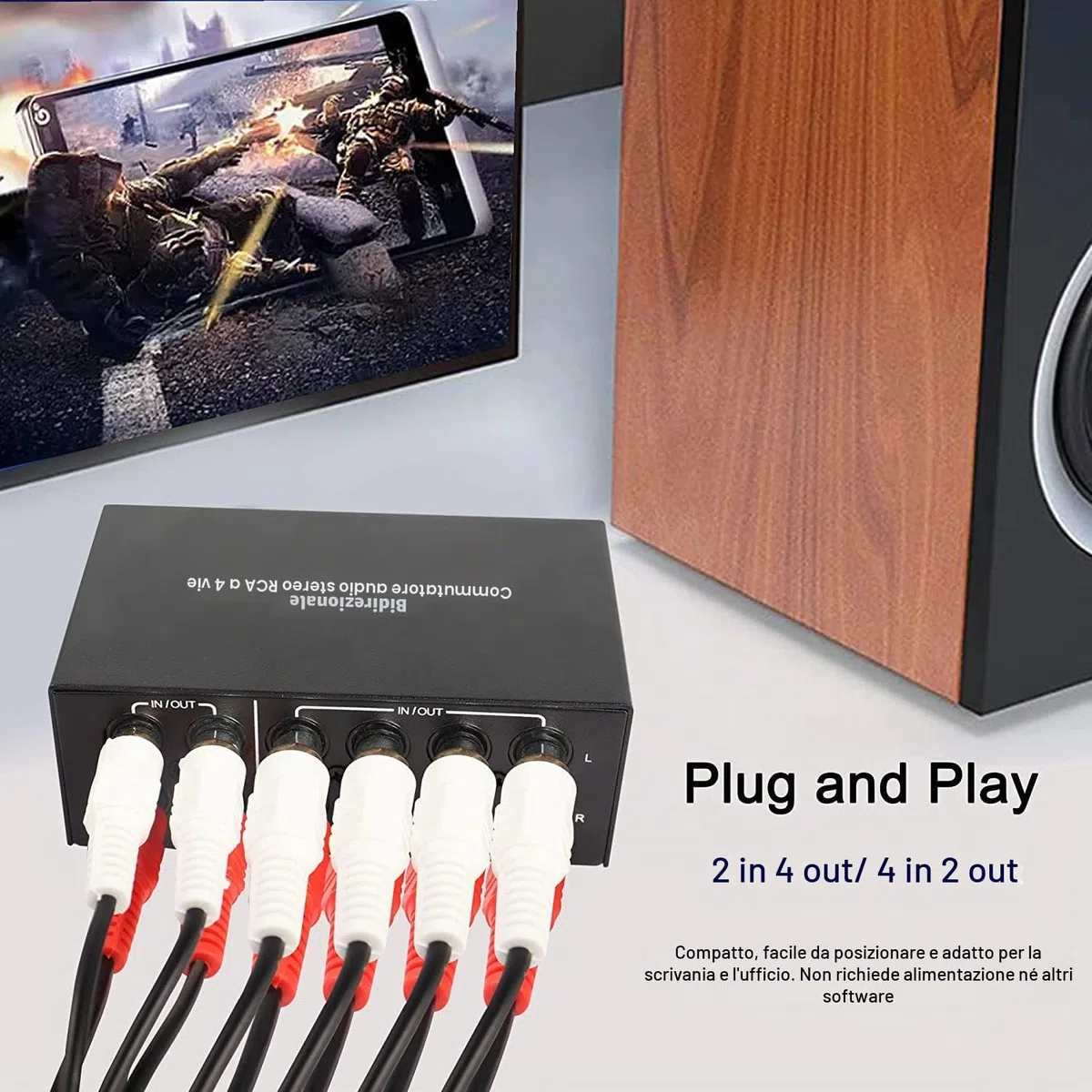 XMSJSIY Commutatore audio stereo bidirezionale L/R RCA a 4 vie, 2 in 4 uscite o 4 in 2 uscite, interruttore audio RCA L/R canale audio splitter audio selettore audio scatola interruttore per DVD