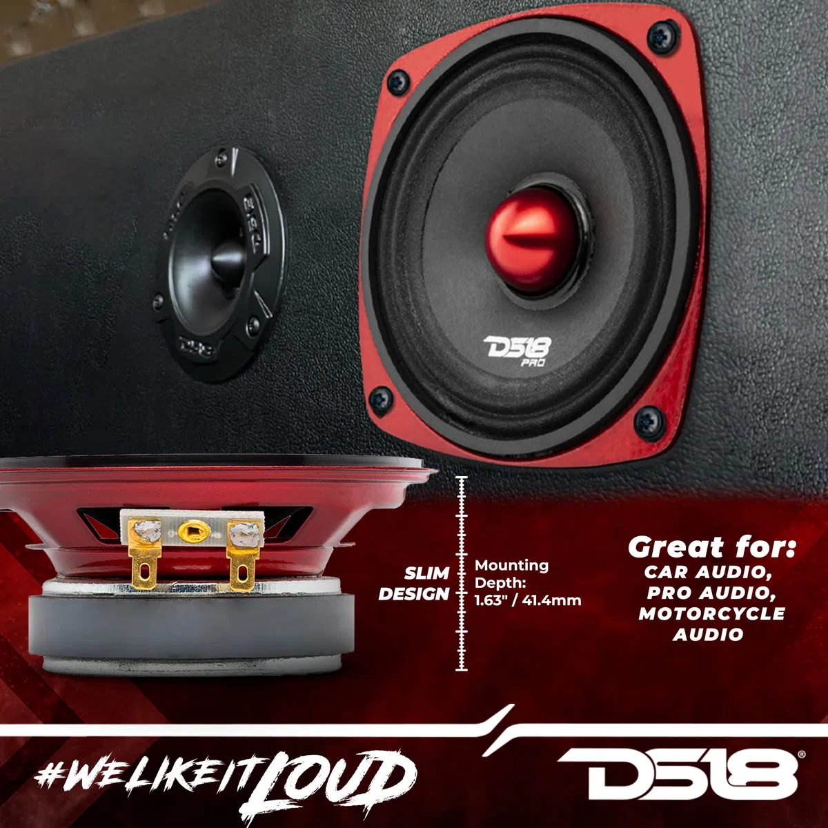 DS18 1 PRO-X4.4BMSL midrange diffusore da 10 cm 100 mm 4" di diametro, 100 watt rms e 200 watt max, impedenza 4 ohm, 89 db, portiere sportelli, per auto, 1 pezzo